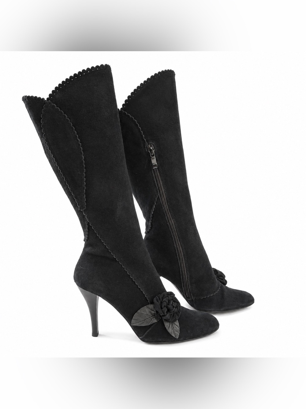 Genuine Suede Black Boots With Suede Rose Adornment